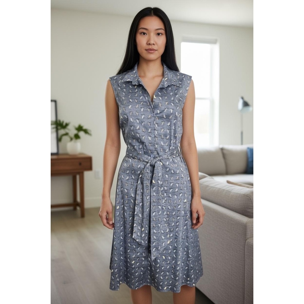 Nic + Zoe Blue Sleeveless A-Line Dress PM Tie Waist Chair Midi Beach Vacation